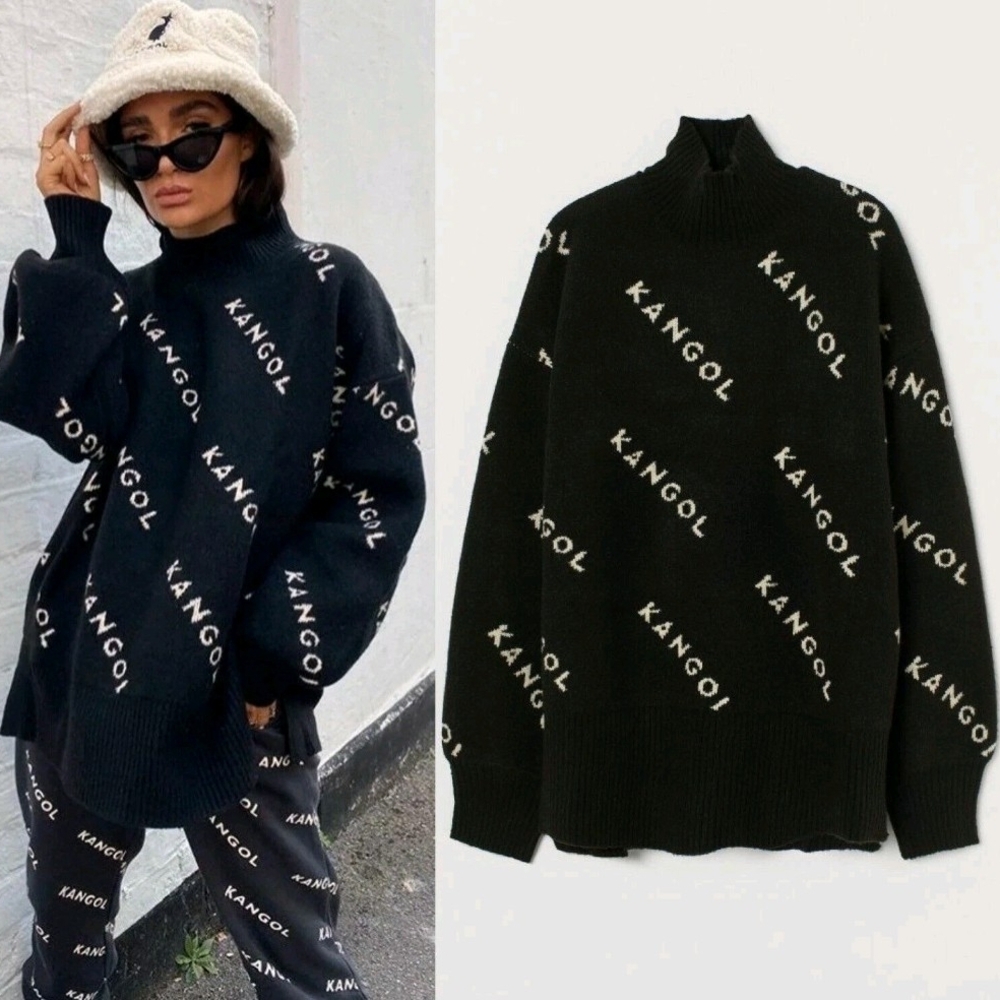 Kangol x H&M Oversized Black Sweater Women's Mock Turtleneck Pullover Size M